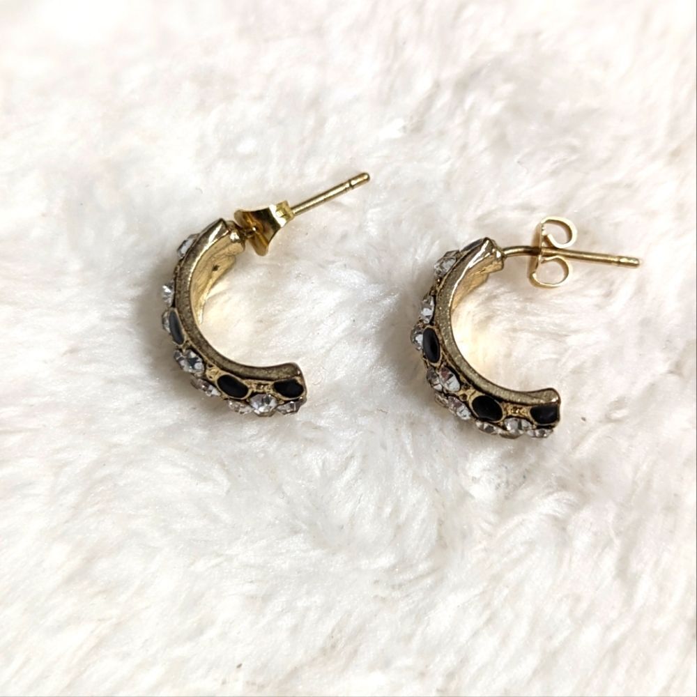 Vintage Small Half Hoop Black Enamel and Clear Rhinestone Pierced Earrings - Picture 3 of 10